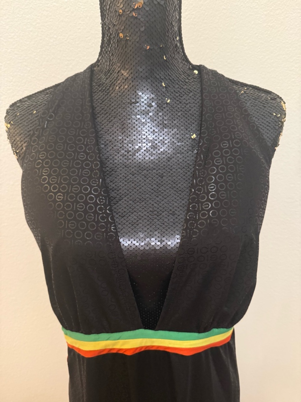 COOGI Vintage Y2K Black Halter Maxi Dress With Rasta Inspired Colored Waistband - Picture 5 of 9